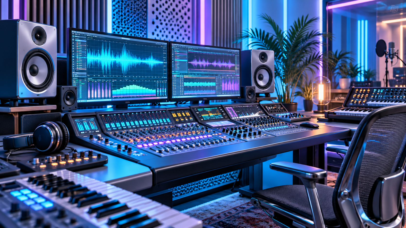 Studio de production musicale éclairé en bleu et cyan, avec écrans et console de mixage